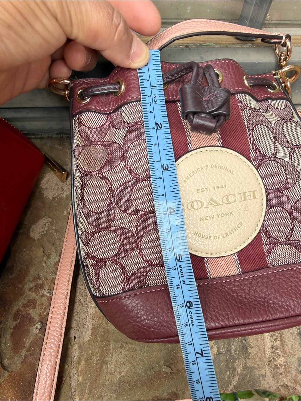Coach Burgundy Signature Stripe Drawstring Crossbody with Cream Medallion - Picture 12 of 12